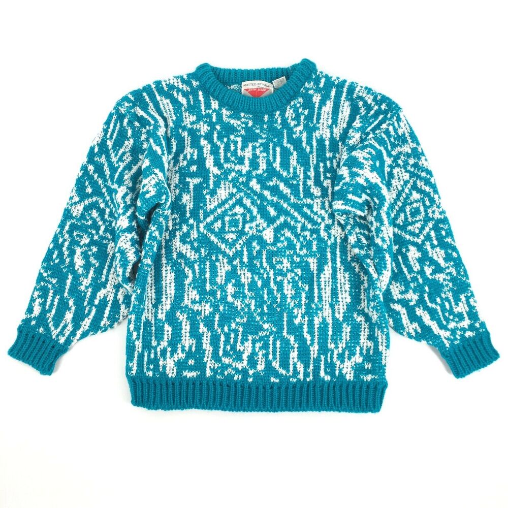 VTG 1980s Justin Allen Hand Knitted Pullover Crewneck Sweater L Teal Blue White